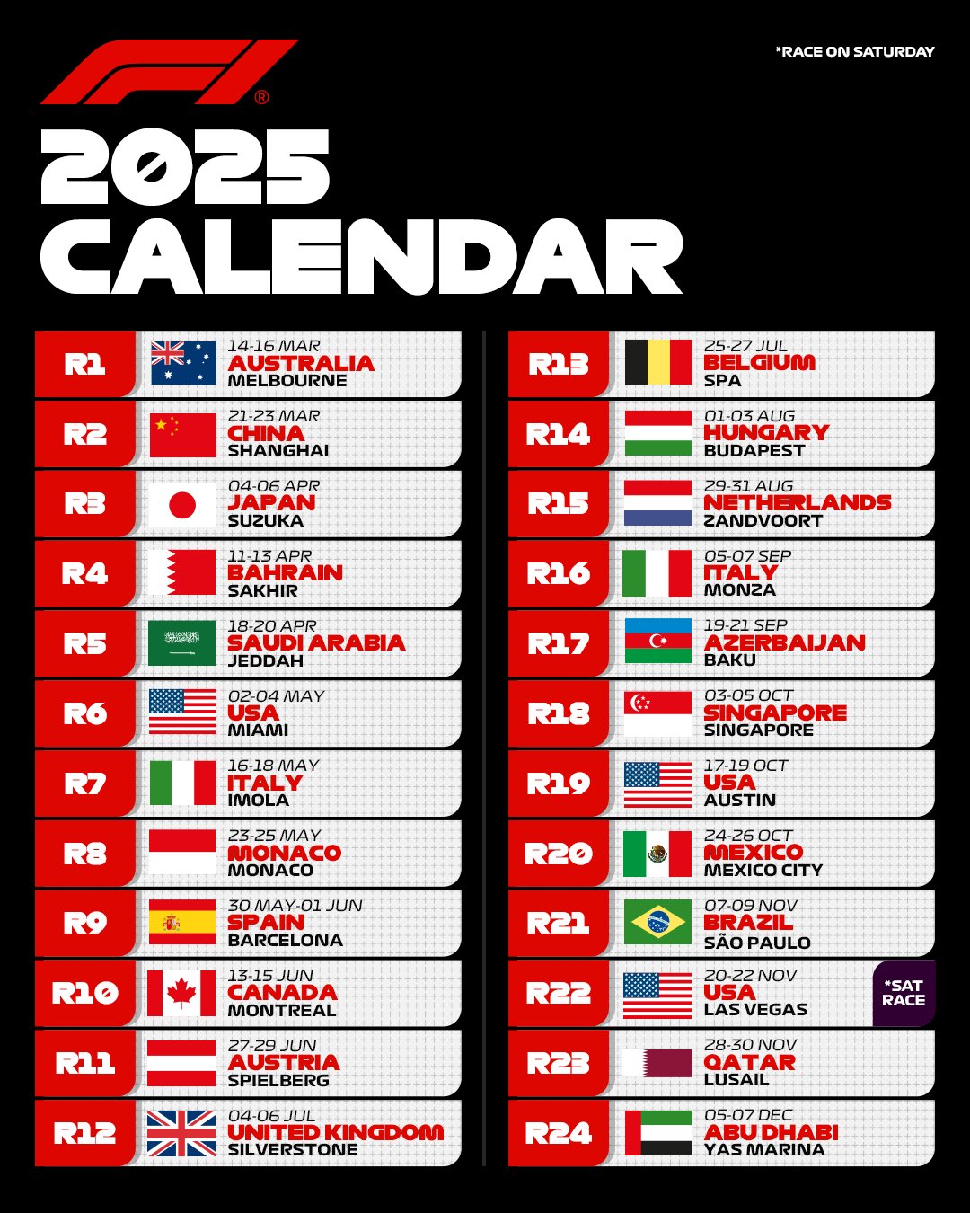 F1 Calendar 2025